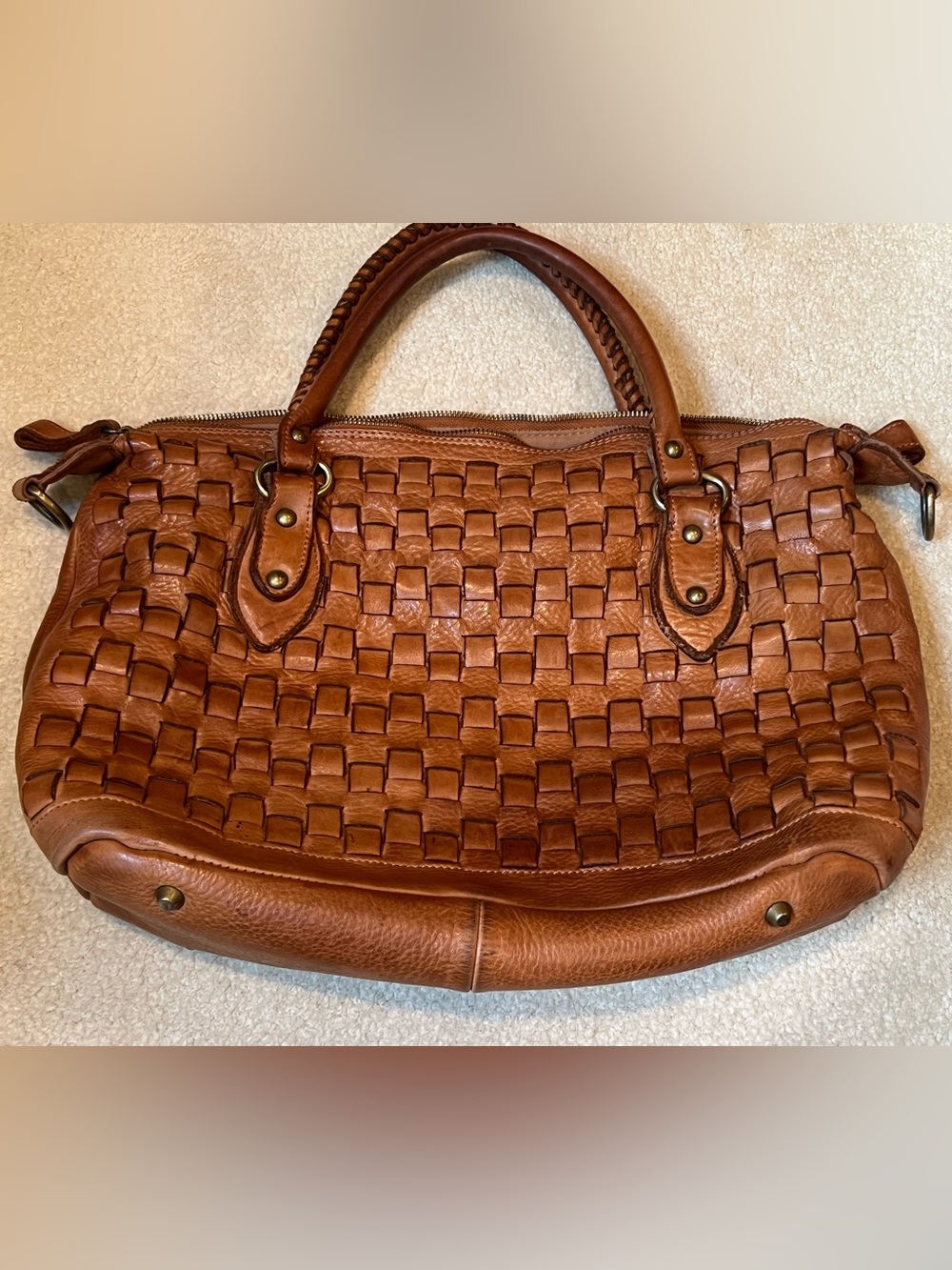 Sundance Catalog Cognac Brown Woven Leather Basketweave Satchel Bag - Picture 12 of 14